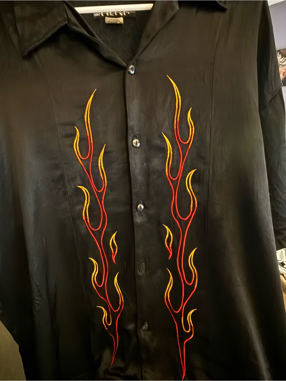 Men's Black Short-Sleeve Button-Down Shirt with Red & Yellow Flames XXL